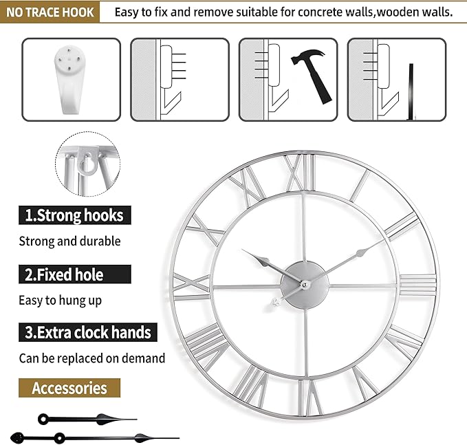 Large Wall Clock for Living Room Decor - 47cm/ 18 Inches Silent Non-Ticking Metal Wall Clocks Battery Operated, Vintage Decorative Modern Wall Clock for Bedroom, Office, Farmhouse Decor