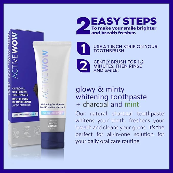 Active Wow Activated Charcoal Toothpaste - for Whitening Teeth, Made with Organic Coconut Oil & Xylitol, Charcoals Activated-Toothpaste (4 Ounce (Pack of 1)