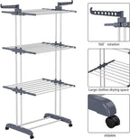 HOMIDEC Clothes Drying Rack, Oversized 4-Tier(67.7" High) Foldable Stainless Steel Drying Rack Clothing, Movable Drying Rack with 4 castors, 24 Drying Poles and 14 Hooks for Bed Linen, Clothing, Grey
