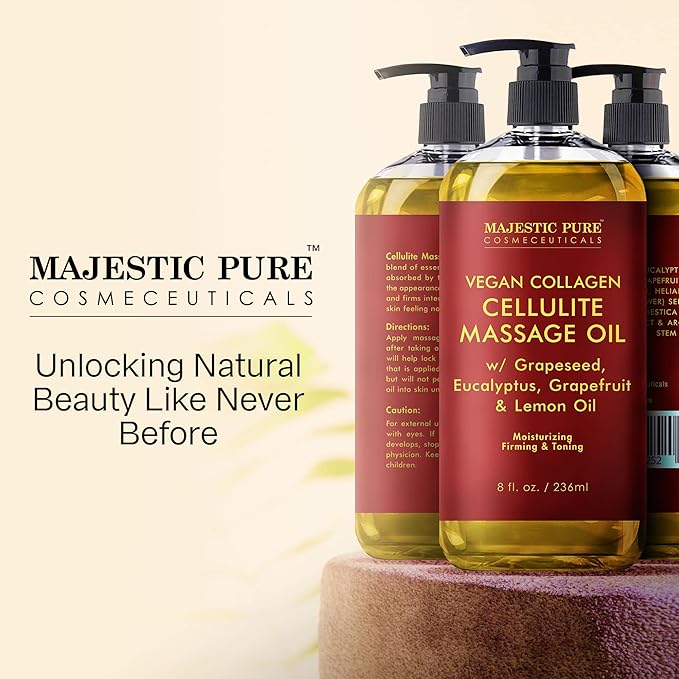 Majestic Pure Anti Cellulite Massage Oil for Massage Therapy - Refreshing, and Relaxing - Natural Oils with Vegan Collagen, Stem Cells & Cellulite Cream - All Skin Types - Men and Women - 8 fl oz