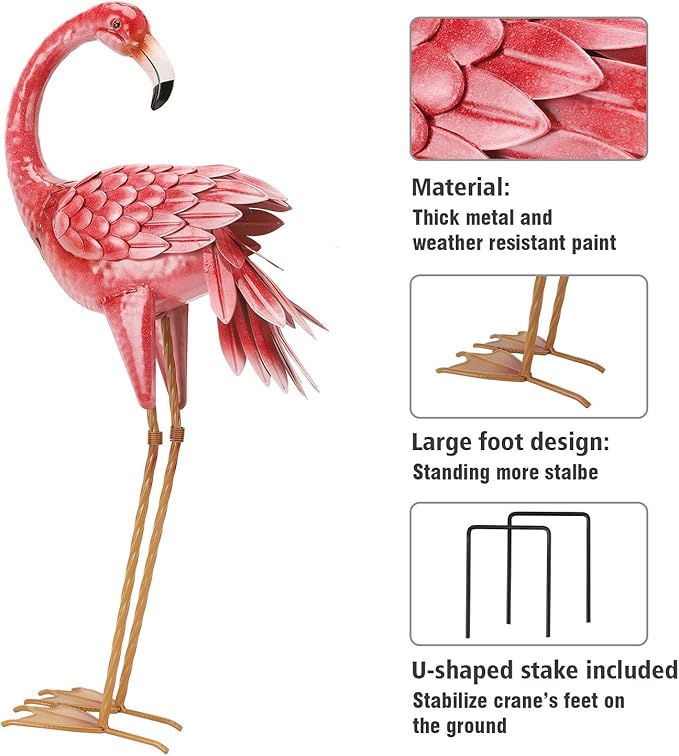Kircust Flamingo Garden Statues and Sculptures, Metal Birds Yard Art Outdoor Statue, Large Pink Flamingo Lawn Ornaments for Home, Patio, Backyard Decor (2-Pack)