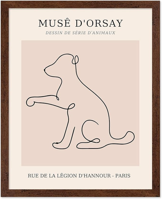 Poster Master Vintage Poster - Retro One Line Dog Drawing Print - Dog Art - Minimal Gift for Men, Women, Animal Lover - Abstract Wall Decor for Home, Office, Bedroom, 11x14 Brown Framed