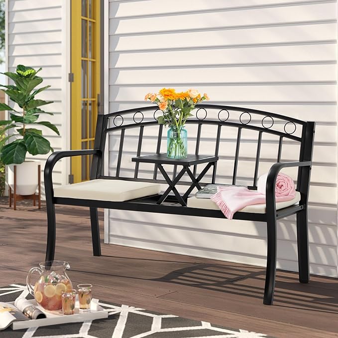 AVAWING Outdoor Metal Garden Bench, 2-Seat Patio Porch Bench with Steel Frame, Park Bench w/Pullout Middle Table＆ Cushion for Backyard Lawn Deck Entryway, Black