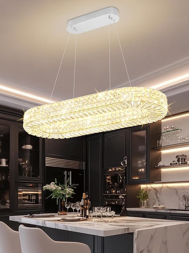 Modern Crystal Chandelier, Dia 40" Rectangular Chandelier for Dining Room,Chrome Rectangle Crystal Ceiling Light Luxury Oval Chandeliers for Living Room Kitchen Island