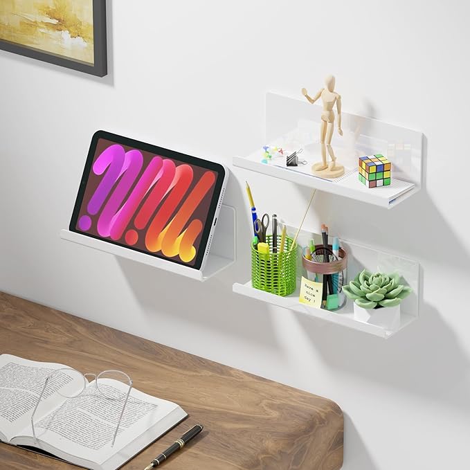 Acrylic Wall Floating Shelves Set of 2, Wall Shelves White 12 Inch Adhesive Wall Organizer Adhesive Shelf for Bathroom, Kitchen, Bedroom, Office, Gaming Room, No Damage, No Drill