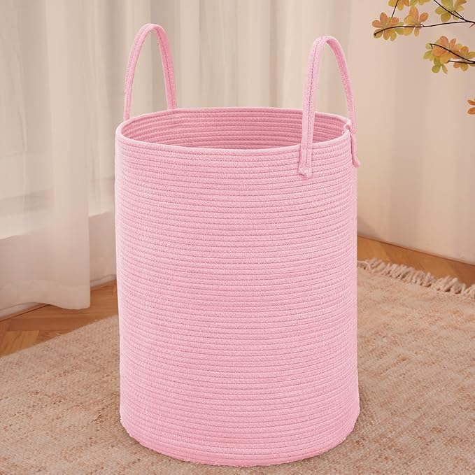 Large Woven Laundry Basket Hamper,100L Cotton Rope Storage Bin for Blankets,Toys and Clothes,Decorative Tall Nursery Hamper for Living Room,Baby Nursery,Bathroom and Bedroom,Pink