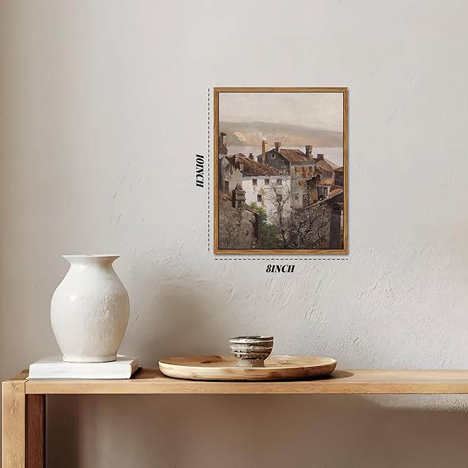 Floating Framed Vintage Canvas Wall Art, European Country Towns Wall Decor Oil Paintings Artwork, Rustic Farmhouse Posters Prints Pictures for Living Room Hallway Bedroom 8x10 inch