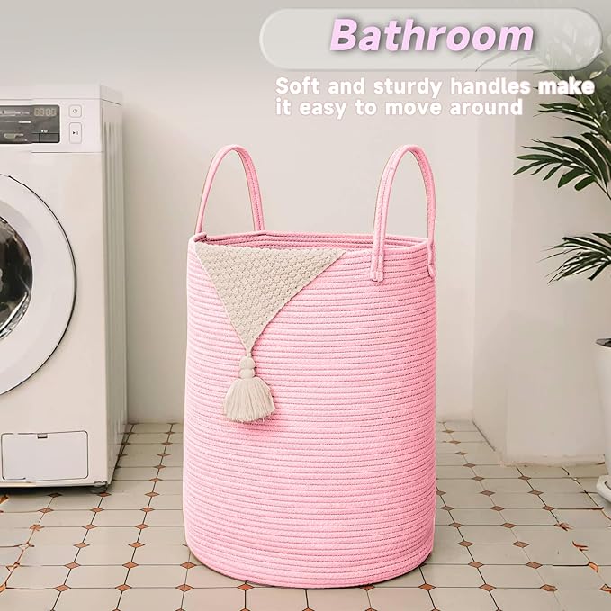 Large Woven Laundry Basket Hamper,100L Cotton Rope Storage Bin for Blankets,Toys and Clothes,Decorative Tall Nursery Hamper for Living Room,Baby Nursery,Bathroom and Bedroom,Pink