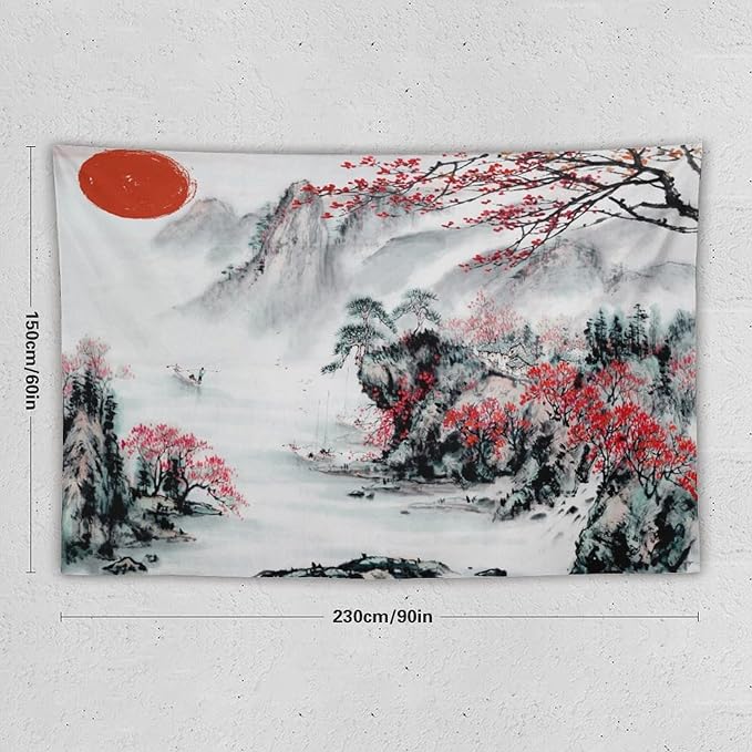 Cherry Blossoms Tapestry,Japanese Red Landscape Asian Watercolor Abstract Art Tapestry, Asian Japanese Wall Tapestry, Nature Landscape Tapestries for Bedroom Living Room Decor 90"x60"