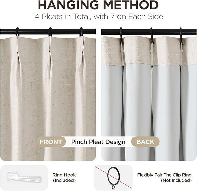 Joydeco Pinch Pleated Linen Curtains Darkening Drapes for Bedroom, 100% Blackout Drapes 96 inches Long 2 Panels Heat Blocking Curtains(Ecru,40'' Wx96'' L)