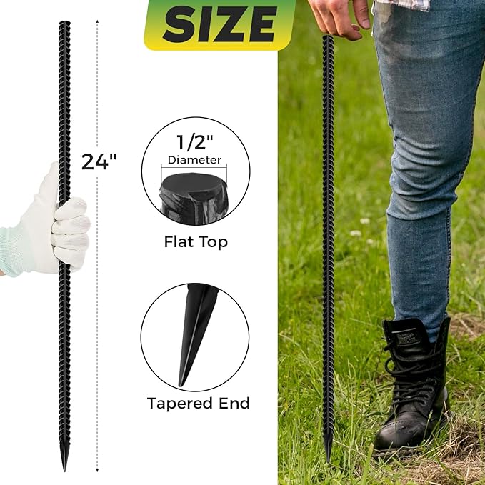 24 inches Straight Rebar Stakes 18-Pack Ground Stake Heavy Duty Metal Steel Spikes for Gardening, Concrete Forming and Camping Tent