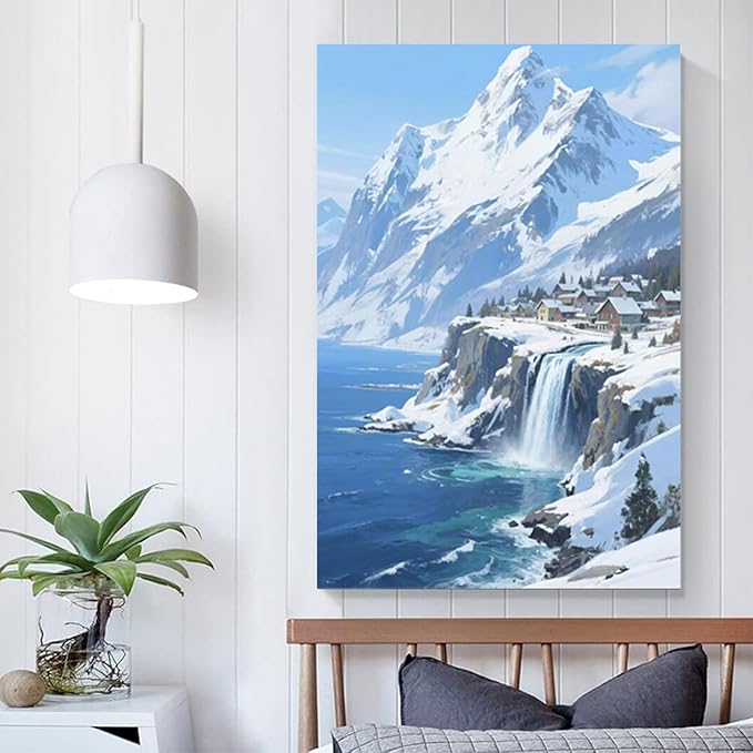 Winter lakeside town and snowy scenery merge together to form a landscape poster wall art suitable for living room bedroom and office