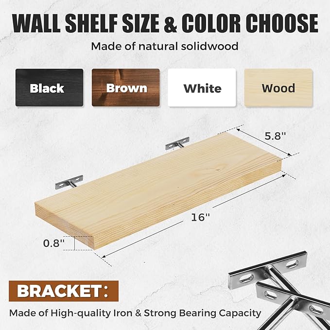Floating Wall Shelves 4-Pack - Rustic Wood 16-inch Wooden Wall Shelves for Storage and Décor, Multi-Functional and Easy to Install for Living Room, Bedroom, and Kitchen