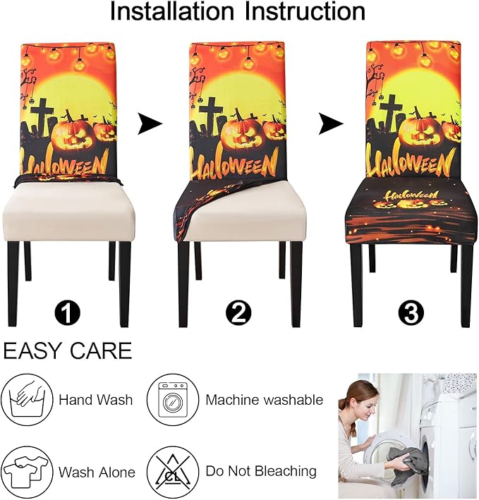 JQinHome Orange Halloween Chair Slipcover, Pumpkin Chair Covers Set of 6, High Stretch Washable Chair Protector Cover for Dining Room, Kitchen,Home Party,Wedding Ceremony(Orange,6PC)