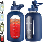 64 oz Glass Water Bottle With Straw and Handle, Half Gallon Sports Motivational Water Jug Flask with Silicone Sleeve, Large Water Cup with Time Marker for Travel, Gym, Navy