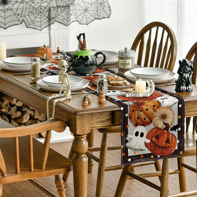 Artoid Mode Jack-O'-Lantern Pumpkin Ghost Spider Web Halloween Table Runner,Holiday Kitchen Dining Table Decoration for Home Party Decor 13 x 60 Inch