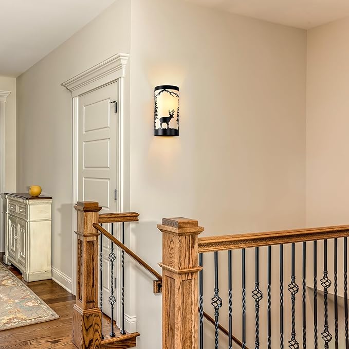 Wall Sconces Set of Two,Deer Cream White Parchment Rustic Wall Sconces,Farmhouse Black Sconce Light,Industrial Metal Indoor Wall Light Fixtures,Wall Lamps for Bedroom,Living Room,Hallway