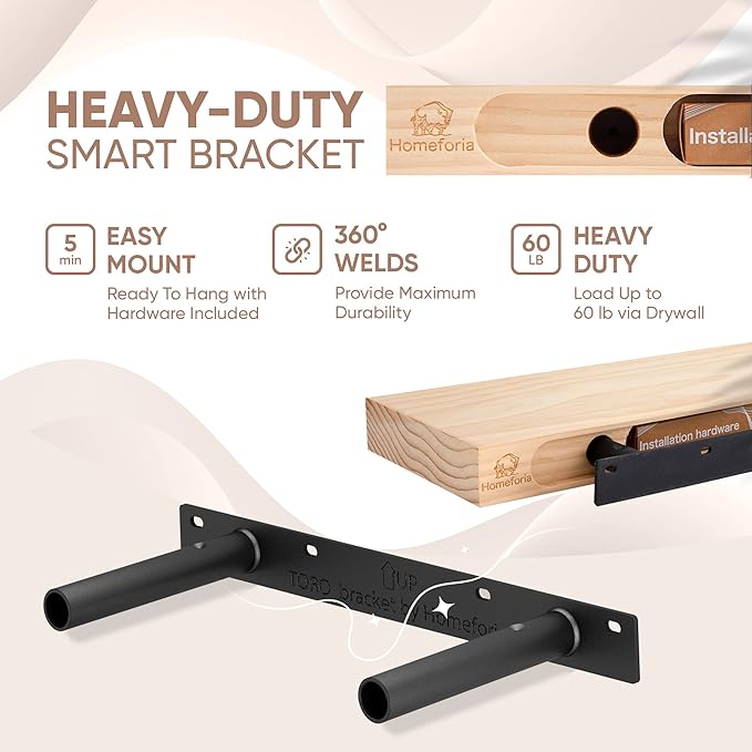 Homeforia Wood Floating Shelf 16 inch, High End Solid Natural Wood 16inch Floating Shelves for Wall Mounted, Unfinished Wooden Small Floating Shelves, Heavy Duty Bracket, 16 X 6.5 X 1.75 in, Set of 4