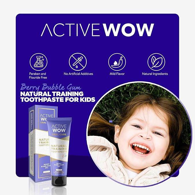 Active Wow Training Toothpaste – Fluoride-Free, Toddler-Safe, Gentle, Vegan, Safe to Swallow – Berry Bubblegum, 1 Pack
