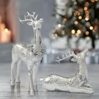 DN DECONATION Christmas Reindeer Figurines, Winter Deer Small Statues Decor, Silver Decorative Reindeer Sculptures, Resin Xmas Holiday Home Décor Accents for Office Living Room & Bedroom 2PCS