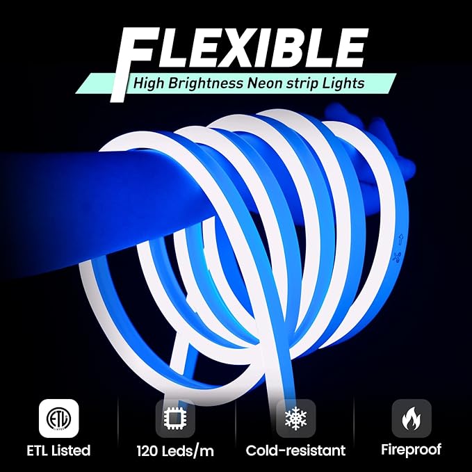 GZBtech Flexible LED Neon Rope Lights 16.4FT,AC 110-120V Waterproof Neon Strip Light, 120LEDs/M Cuttable Connectable Rope Lighting for Indoor Outdoor Home Decor/Commercial Building Use-Blue 5M