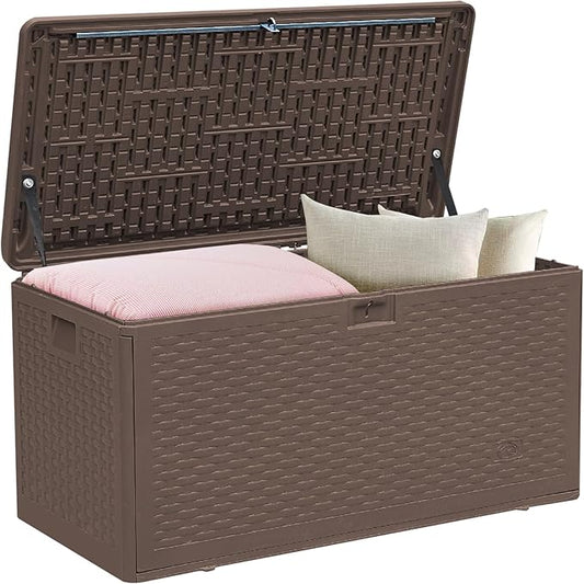 73 Gallon Pro Waterproof Outdoor Storage Pro Resin Deck Box Bin for Patio, Poolside, and Garden, Lockable & UV-Resistant, Ideal for Small Spaces, Brown
