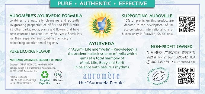 Auromere Ayurvedic Herbal Toothpaste, Mint Free - Vegan, Natural, Non GMO, Fluoride Free, Gluten Free, with Neem & Peelu (4.16 oz), 2 Pack