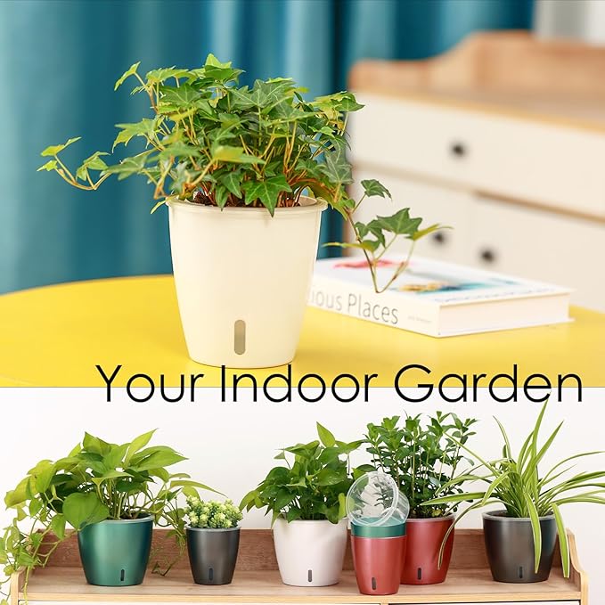 Self Watering Pots for Indoor Plants, 6-Pack 5'' Self Watering Planter with Drainage Holes, Small African Violet Pots with Water Indicator, Clear Wick Orchid Pot, Blue Gold