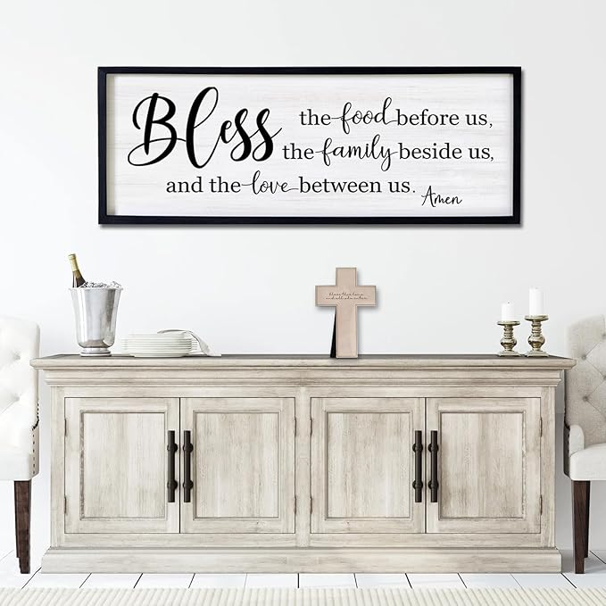 Bless the Food Before Us, the Family Beside Us, and the Love between us Framed Wall Art for Dining Room, 40''×15'' Holy Positive Religious Rustic Bible Verse for Christian God Jesus Christ Prayer