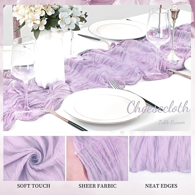 12 Pack Lilac Cheesecloth Table Runner 10FT Rustic Gauze Cheese Cloth Table Runner for Wedding 20 x 120 Inch Long Bridal Baby Shower Table Decor Boho Fabric Sheer Birthday Party Table Decorations