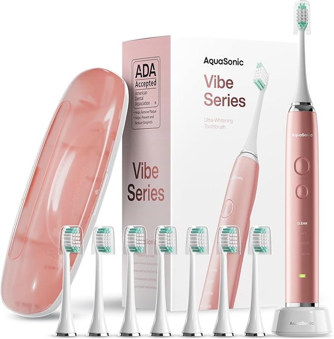 Aquasonic Vibe Series Ultra-Whitening Toothbrush – ADA Accepted Electric Toothbrush - 8 Brush Heads & Travel Case – 40,000 VPM Motor & Wireless Charging - 4 Modes w Smart Timer – Satin Rose Gold