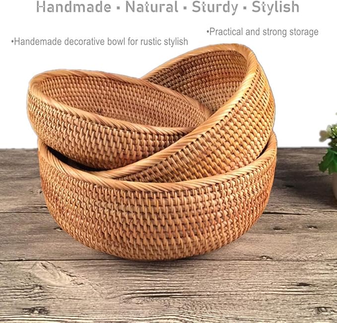Hadewoven Round Rattan Fruit Basket Wicker Food Tray Weaving Storage Holder Dinning Room Bowl, 10 Inch Woven Bread Basket Key Bowls with 4”Wall for Table, Countertop (Large 9.8")