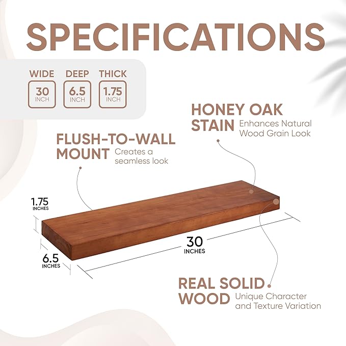 Homeforia Oak Floating Shelves 30 inch Long, High End Solid Real Wood 30inch Floating Shelf for Wall Mounted, Honey Oak Wooden 30in Floating Shelves, Heavy Duty Bracket, 30 X 6.5 X 1.75 in, Set of 2