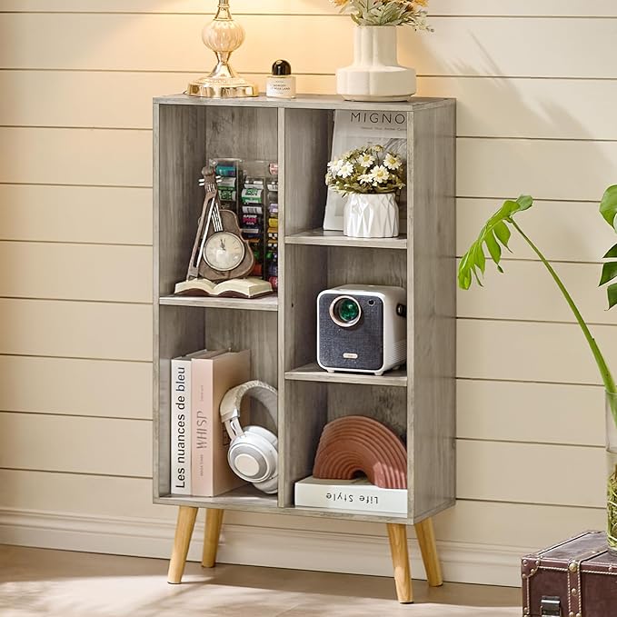 5 Cube Small Bookshelf - 3 Tier Mid-Century Modern Rustic Grey