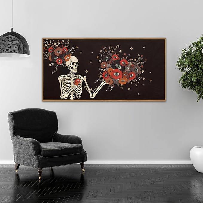 KAIRNE Halloween Skeleton Wall Art,Gothic Skull Canvas Set of 1(40”x20”),Romantic Spooky Floral Botanical Print,Scary Skull Painting,Horror Halloween Wall Art for Living Room Bedroom Goth Party Decor
