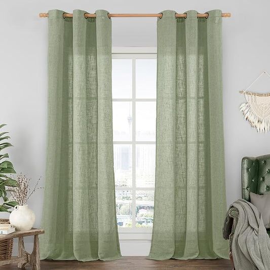 LAMIT Sage Green Linen Curtains 84 inch Length, Semi Sheer Light Filtering Living Room Decor Panels Bronze Grommet Neutral Boho Drapes for Bedroom, 2 Panels Set, 34 x 84 Inch