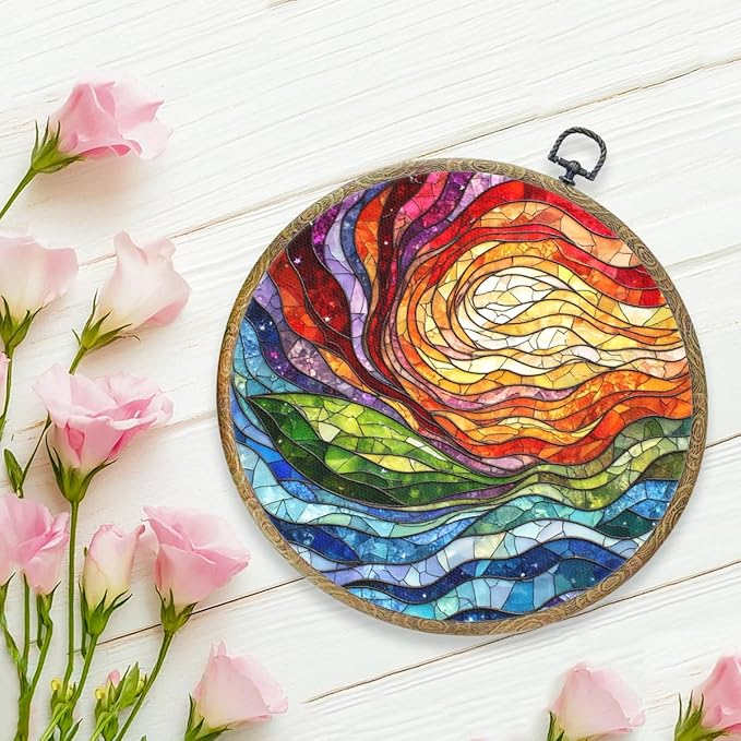 Colorful Boho Rainbow Geometric Spiral Sun Art Gift Framed Round Wall Decor Canvas Wall Art Hanging Prints Artwork for Home Office Bathroom Bedroom Living Room Decorations 10.2X10.2 Inch