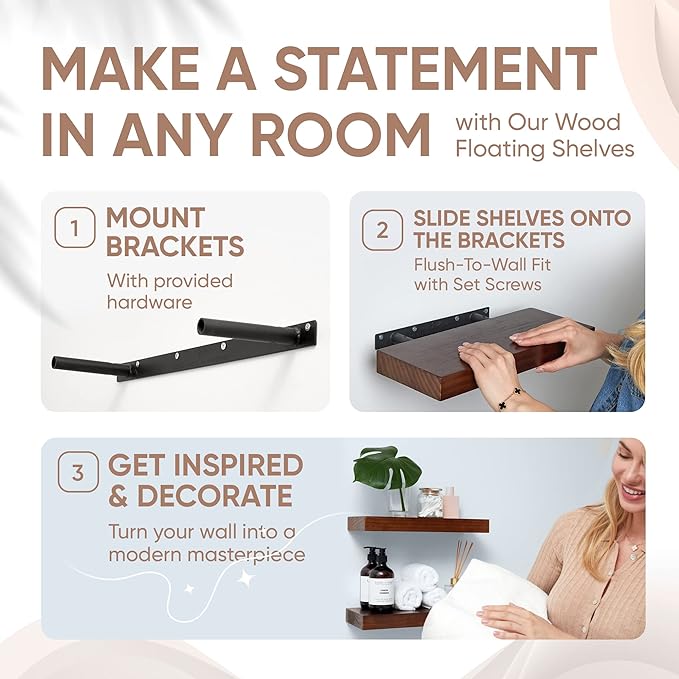 Homeforia Walnut 12 inch Floating Shelf, High End Solid Real Wood Small 12inch Floating Shelves for Wall Mounted, Dark Brown 12in Floating Shelves, Heavy Duty Bracket, 12 X 6.5 X 1.75 inches, Set of 3