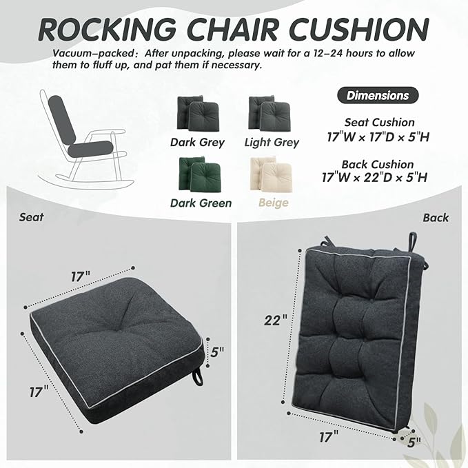 YZ HOME Rocking Chair Cushion, Set of Thicken Seat & Back Chair Cushions with Memory Foam, Non-Slip Chair Pad with Ties for for Indoor&Outdoor Rocker, Dark Grey, 22x17x5/17x17x5
