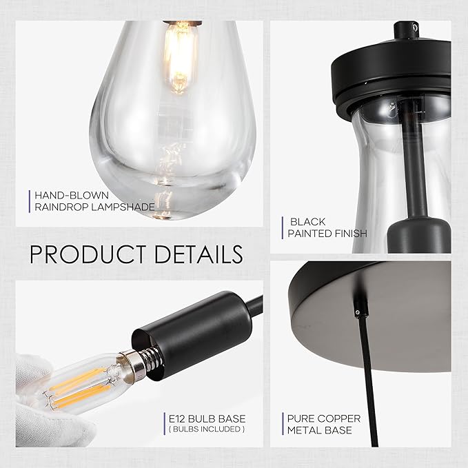 5-Light Raindrop Pendant Light Fixtures, Black Glass Pendant Lighting, Teardrops Modern Hanging Light for Entryway Foyer Kitchen Island Dining Living Room Hallway