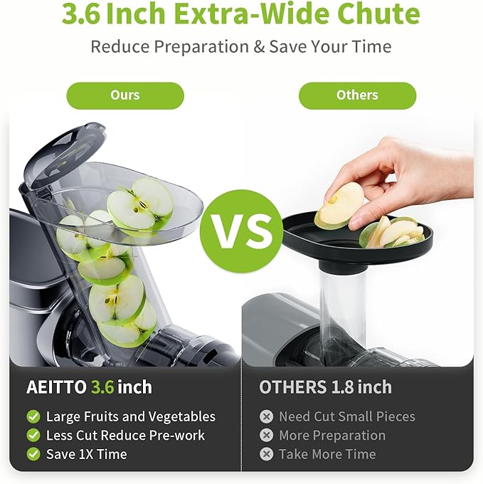 Aeitto Cold Press Juicer Machines, 3.6 Inch Wide Chute, Large Capacity, High Juice Yield, 2 Masticating Juicer Modes, Easy to Clean Slow Juicer for Vegetable and Fruit, Silver