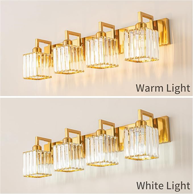 Modern Crystal Bathroom Vanity Light - 4-Lights Gold Brushed Brass Finish Wall Lamp