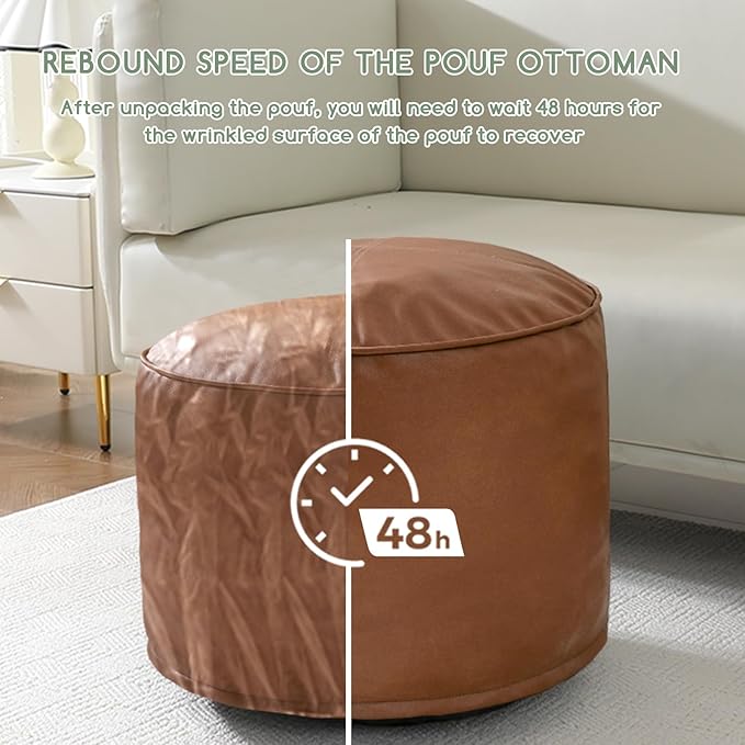 HIGOGOGO Round Stuffed Pouf Ottoman, Pu Leather Poufs with Foam Chunk Filling, Furry and Fluffy Pouf Foot Stool Storage Ottoman, 20 X 15 Floor Poufs Foot Rest for Living Room,Brown