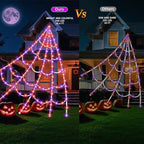 Halloween Spider Web Lights 550 LED Lighted Spider Web 16.4Ft Giant Halloween Decorations Light up with 8 Lighting Modes Waterproof & Timer for Indoor Outdoor House Haunted Yard Decor, Purple & Orange