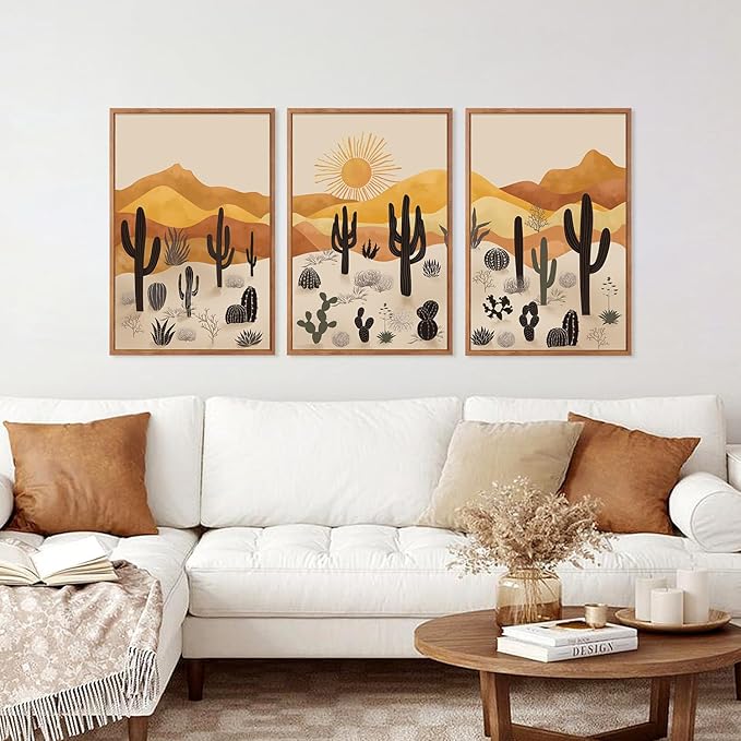 KAIRNE Cactus Canvas Wall Art,Desert Landscape Paintings,Aesthetic Abstract Prints Set of 3(16”X24”),Minimalist Farmhouse Wall Decor,Abstract Boho Artwork for Living Room Bedroom Office Decoration