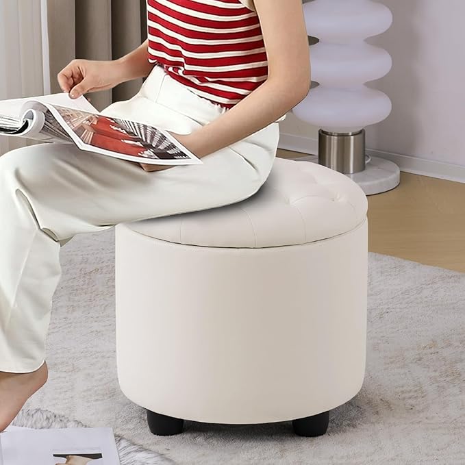 Furniliving Upholstered Button Tufted Round Ottoman, PU Storage Ottoman Round, Removable Lid Convenient Footstools, Classic Ottoman with Storage for Vanity, Nursery Room，IvoryWhite