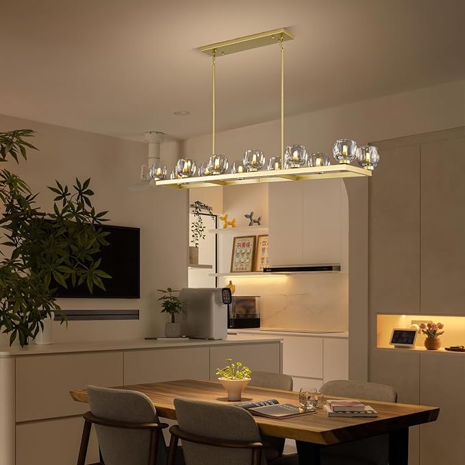 59 Inch Brass Rectangle Wagon Wheel Chandeliers, Gold Chandelier for Dining Room Over Table, Modern Crystal Long Chandelier, Farmhouse Large Linear Chandeliers for Kitchen Island