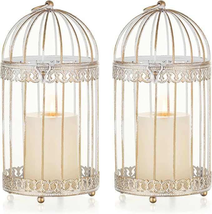 NUPTIO Decorative Bird Cage Lantern: 2 Set of 10 inch Tall Rustic White Birdcage Lanterns Centerpiece Vintage Decorating Metal Pillar Candle Holder for Christmas Bridal Shower Party Decor