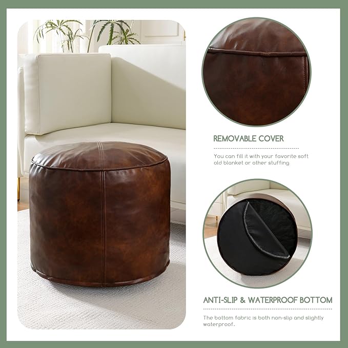 HIGOGOGO Round Stuffed Pouf Ottoman, Pu Leather Poufs with Foam Chunk Filling, Furry and Fluffy Pouf Foot Stool Storage Ottoman, 26 X 18 Floor Poufs Foot Rest for Living Room,Dark Brown