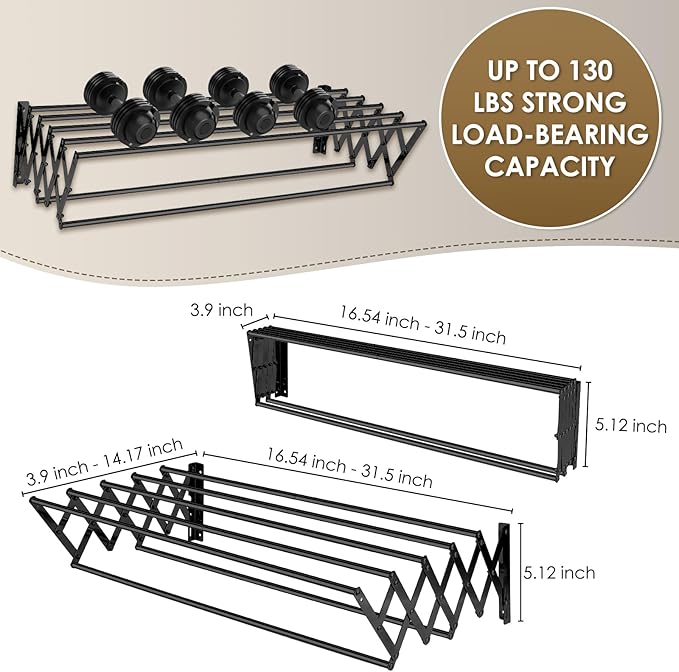 XL-31.5'' Wall Mounted Clothes Drying Rack, 130 lbs Large Capacity Rustproof Retractable Collapsible Drying Rack Easy Install with 7 Drying Rods, Space Saving Towel Clothes Rack for Laundry-Black